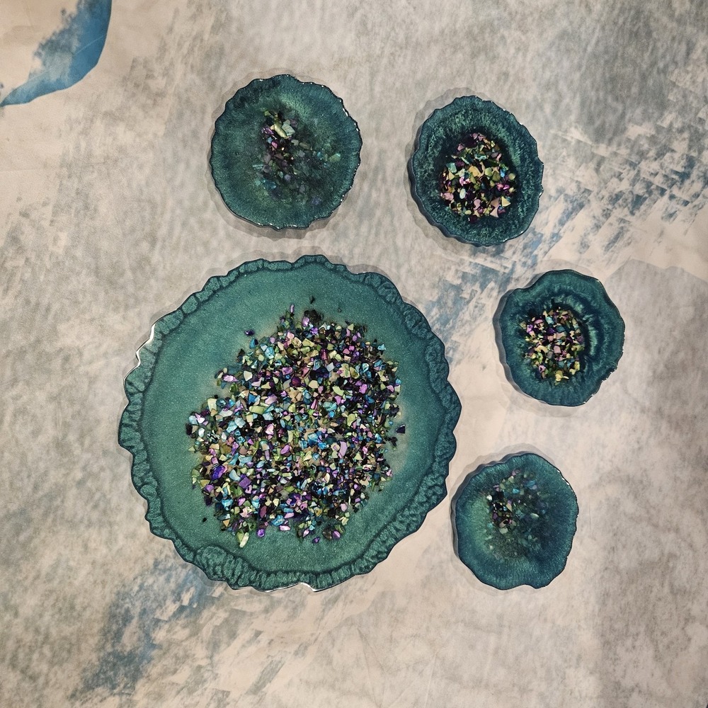 Handmade Teal Resin Coaster Set Geode Style Iridescent Drink Coasters‎ Set Of 5